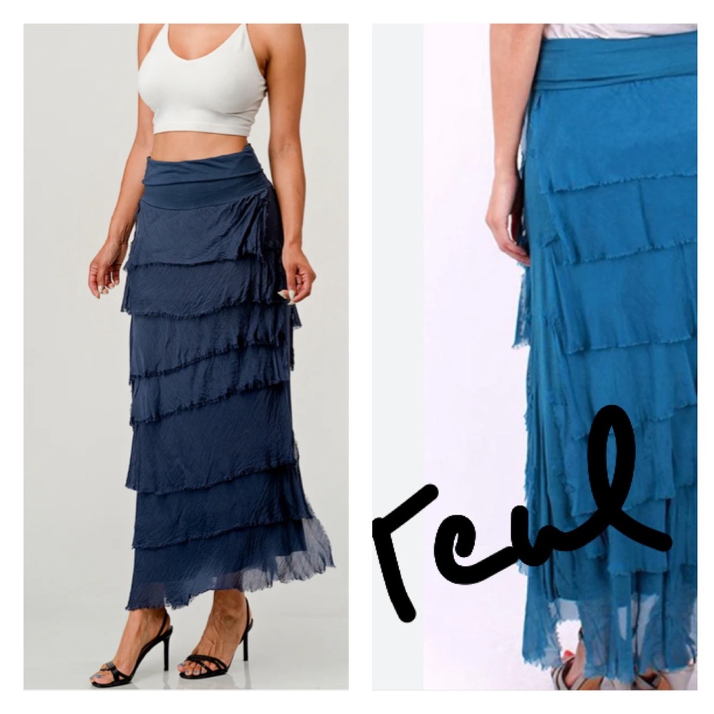 NWT: Teal Italian silk tier layered skirt